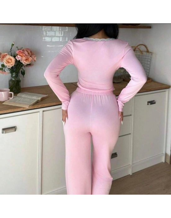 Pembe Dantelli Fiyonk Detaylı Uzun Pamuk Viskon Pijama Takımı