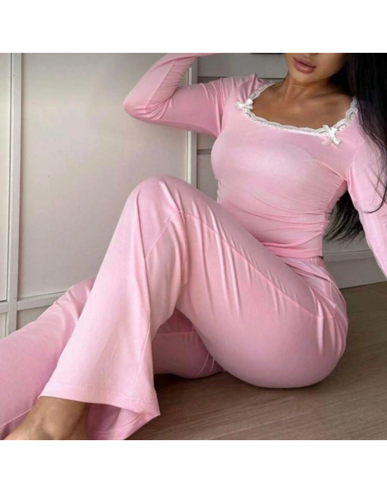 Pembe Dantelli Fiyonk Detaylı Uzun Pamuk Viskon Pijama Takımı
