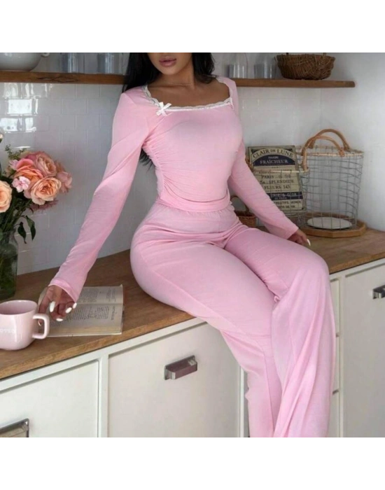 Pembe Dantelli Fiyonk Detaylı Uzun Pamuk Viskon Pijama Takımı