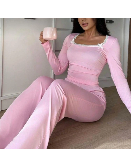 Pembe Dantelli Fiyonk Detaylı Uzun Pamuk Viskon Pijama Takımı