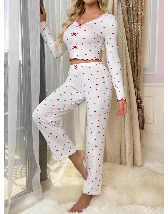 Beyaz Uzun Kollu Pamuklu Kalpli Fiyonklu Pijama Takım