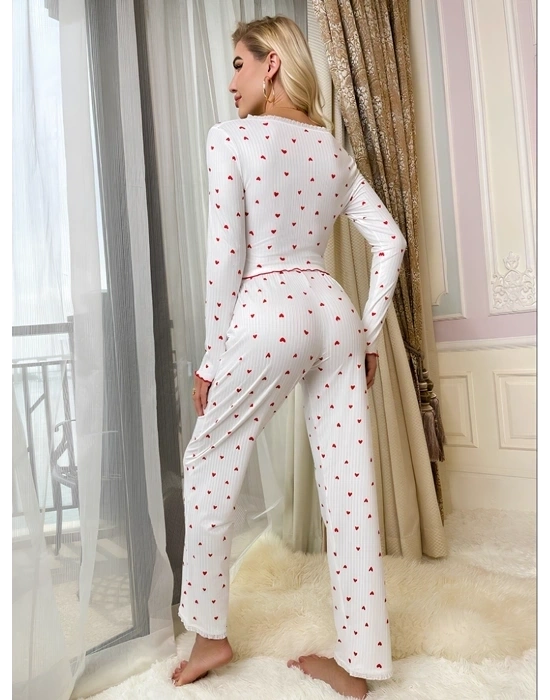 Beyaz Uzun Kollu Pamuklu Kalpli Fiyonklu Pijama Takım
