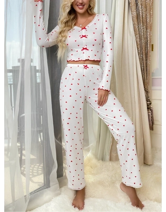 Beyaz Uzun Kollu Pamuklu Kalpli Fiyonklu Pijama Takım