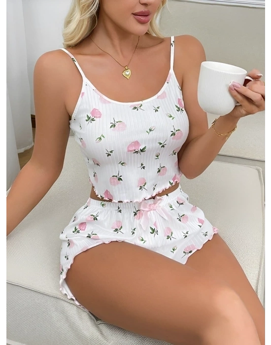 Kadın Süt Beyaz Gül Desenli Şortlu Pijama Takımı