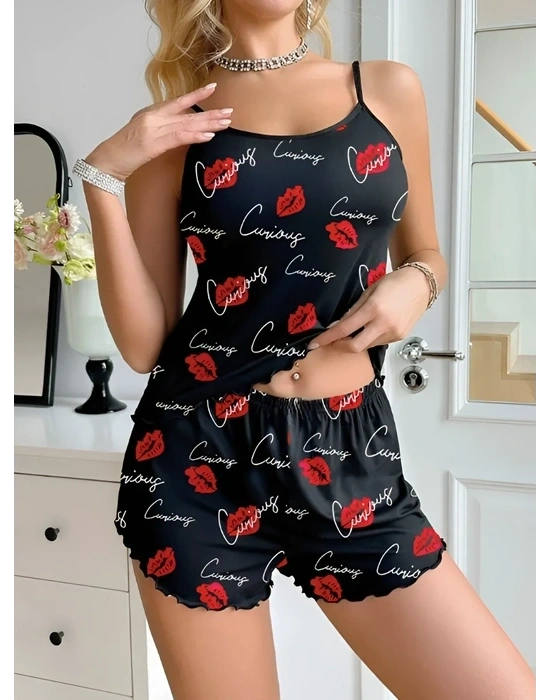 Kadın Siyah Öpücük Desenli Şortlu Pijama Takımı