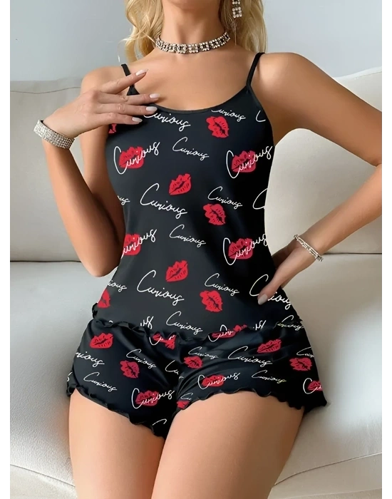 Kadın Siyah Öpücük Desenli Şortlu Pijama Takımı