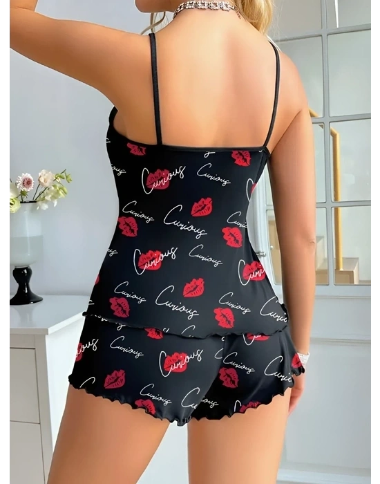 Kadın Siyah Öpücük Desenli Şortlu Pijama Takımı