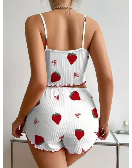 Kadın Ekru Pamuklu Çilek Desenli Şortlu Pijama Takımı