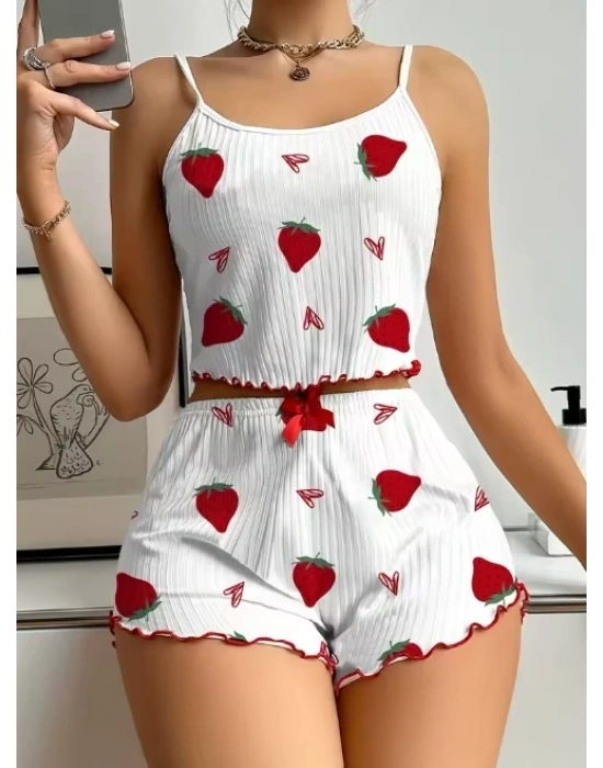 Kadın Ekru Pamuklu Çilek Desenli Şortlu Pijama Takımı