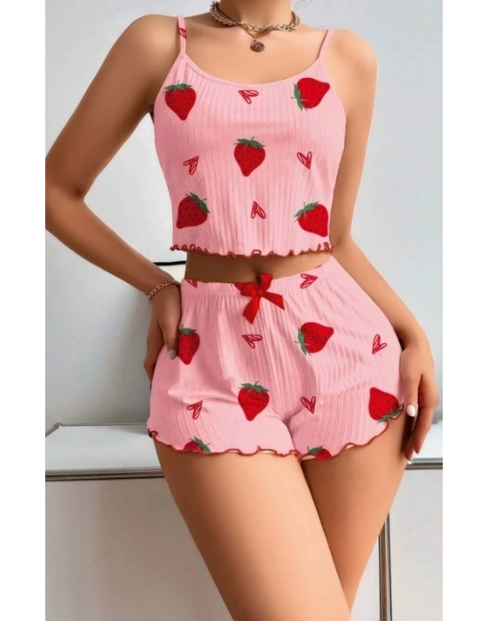 Kadın Pembe Pamuklu Çilek Desenli Şortlu Pijama Takımı