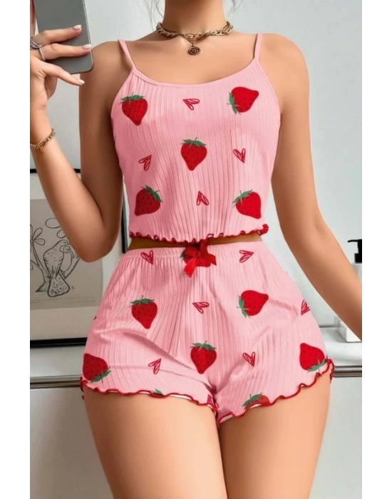 Kadın Pembe Pamuklu Çilek Desenli Şortlu Pijama Takımı