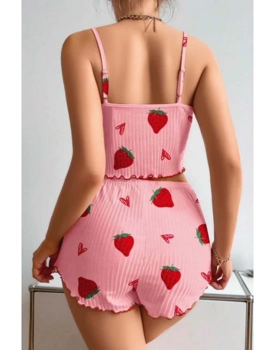 Kadın Pembe Pamuklu Çilek Desenli Şortlu Pijama Takımı