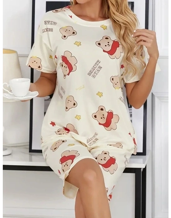 Krem Pamuklu Ayıcık Baskılı Şortlu Pijama Takımı