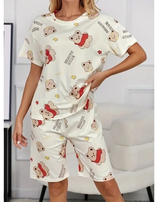 Krem Pamuklu Ayıcık Baskılı Şortlu Pijama Takımı