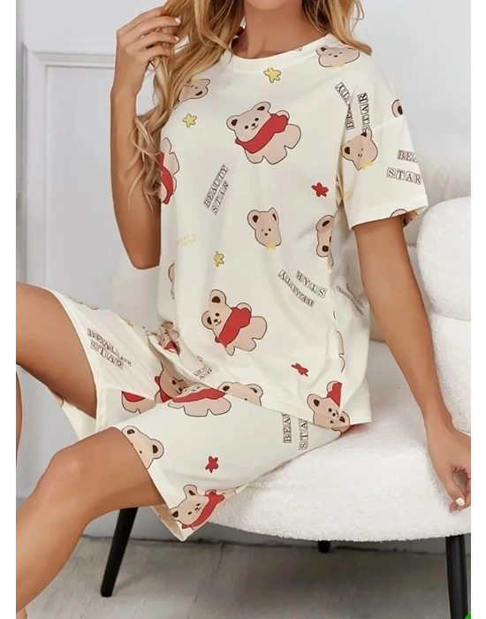 Krem Pamuklu Ayıcık Baskılı Şortlu Pijama Takımı