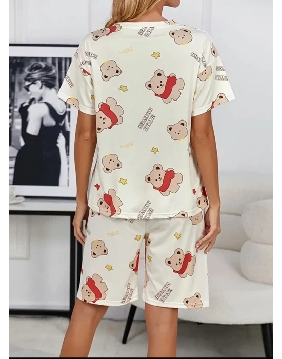 Krem Pamuklu Ayıcık Baskılı Şortlu Pijama Takımı