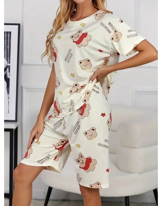 Krem Pamuklu Ayıcık Baskılı Şortlu Pijama Takımı