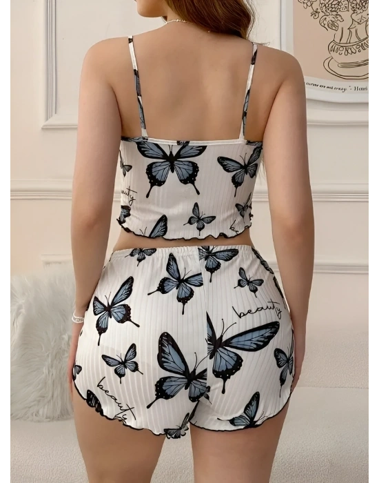 Kadın Kelebek Baskılı Fiyonk Detaylı Şortlu Pijama Takımı