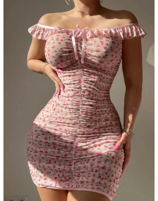Pembe Çiçek Desenli Büzgülü Mini Elbise
