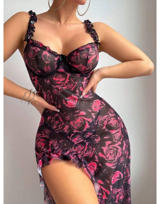 Amour Gül Desenli Yırtmaçlı Gecelik (Tanga Hediyeli)
