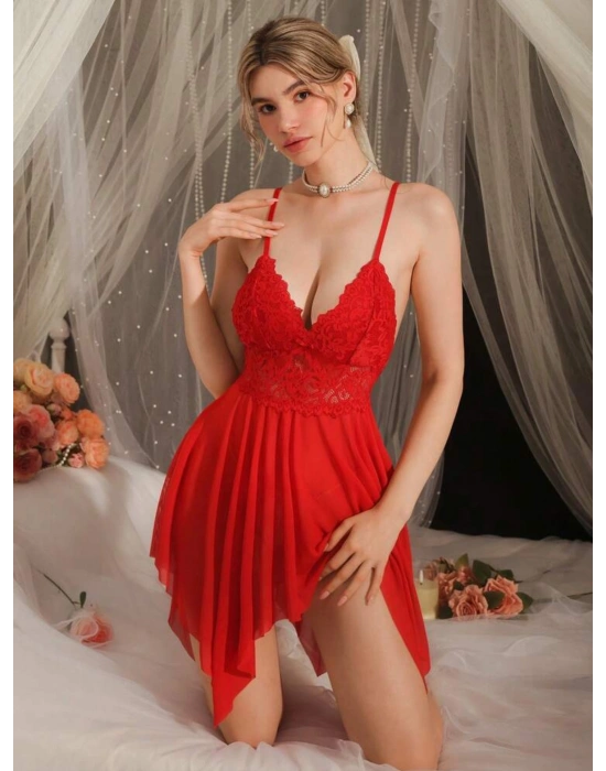 Aşk Ateşi Asimetrik Kesim Kırmızı Gecelik (Tanga Hediyeli)