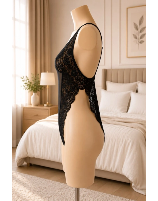 Gece Ateşi Özel Bölgesi Açık Siyah Dantelli Bodysuit