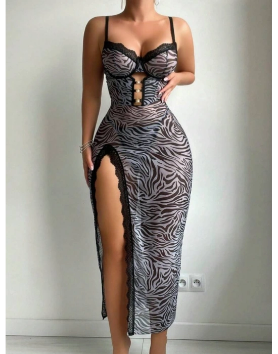 Zebra Noir Gecelik Takımı(Tanga Hediyeli)
