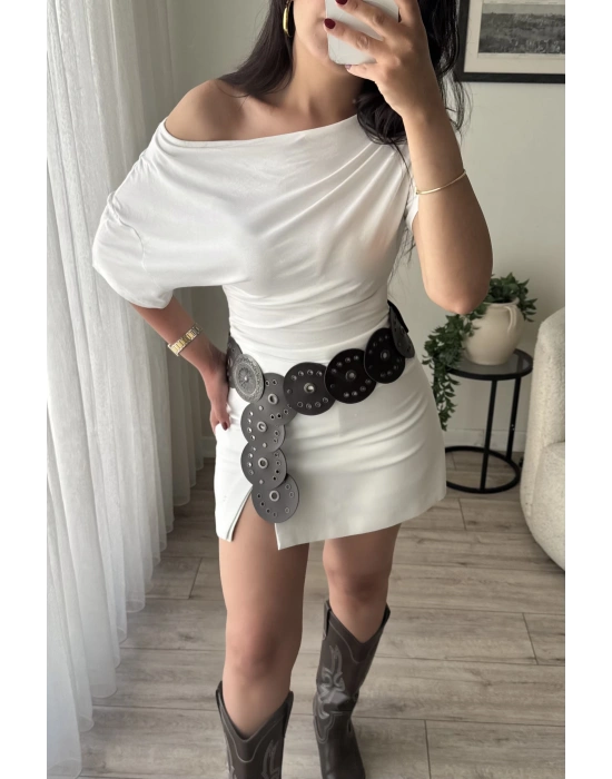 Düşük Omuzlu Basic Bluz - Beyaz