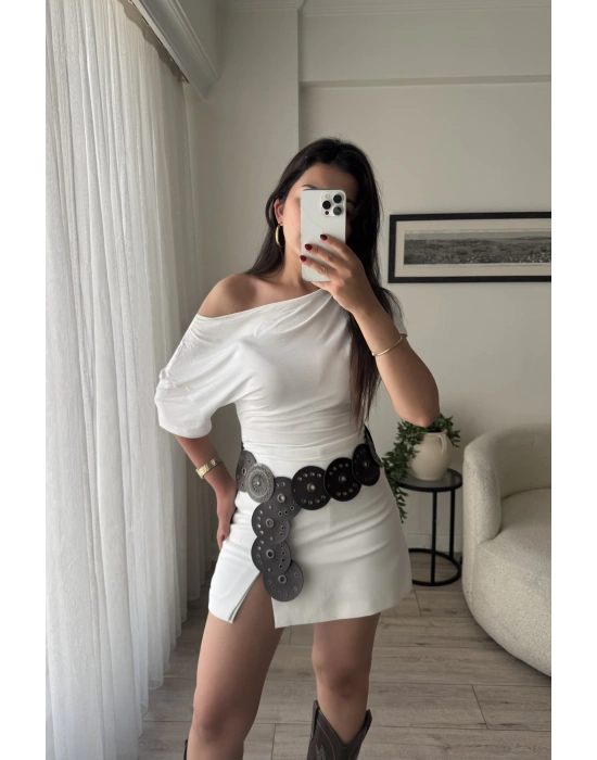 Düşük Omuzlu Basic Bluz - Beyaz