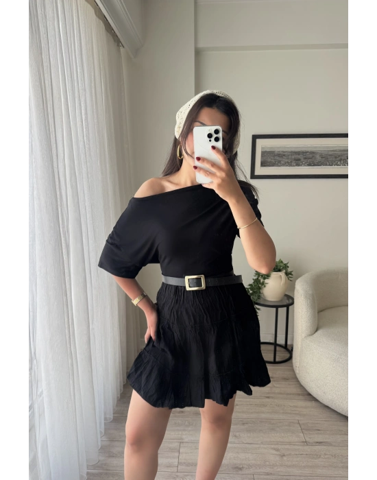 Düşük Omuzlu Basic Bluz - Siyah