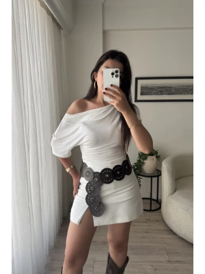 Düşük Omuzlu Basic Bluz - Beyaz