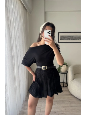 Düşük Omuzlu Basic Bluz - Siyah