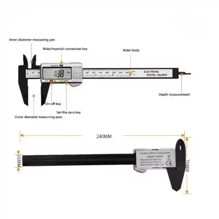 150mm Dijital Karbon Fiber Kumpas - Pil Hediyeli