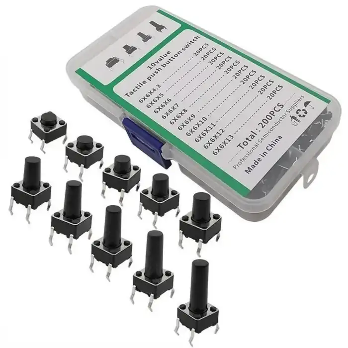 200 Parça 10 Çeşit Push Button Seti-Tact Switch-6x6 Dip Kılıf-Plastik Kutulu