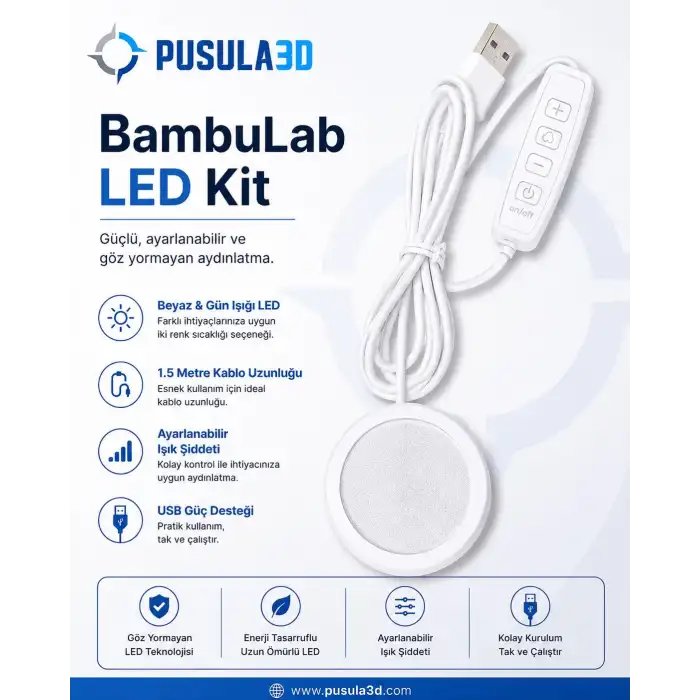 Bambu Lab LED Lamp Kit 001 Uyumlu 3D Baskı LED Lamba Kiti 5v - 1.5 metre USB Kablolu Gün Işığı (Ayarlanabilir Işık Şiddeti)