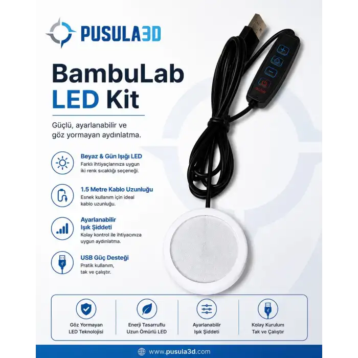 Bambu Lab LED Lamp Kit 001 Uyumlu 3D Baskı LED Lamba Kiti 5v - 1.5 metre USB Kablolu Gün Işığı (Ayarlanabilir Işık Şiddeti)