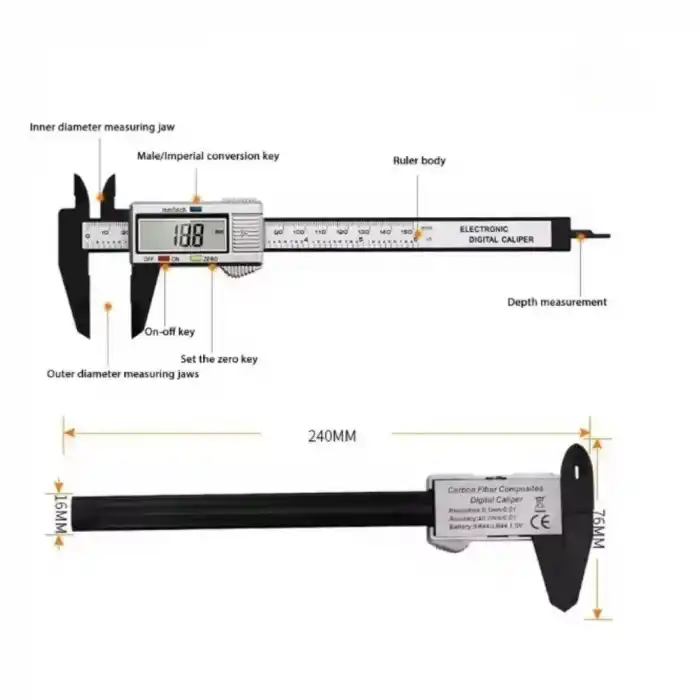 150mm Dijital Karbon Fiber Kumpas - Pil Hediyeli
