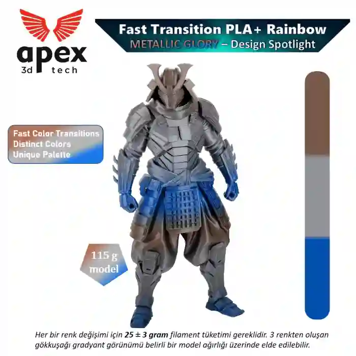Apex3D Tech Rainbow PLA+ Filament -Metallıc Glory, 1kg, 1.75mm