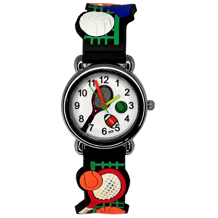 Rodium Tenis Raket Desenli Cocuk Saati Siyah