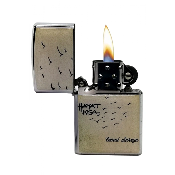 Rodium Benzinli Çakmak Hayat Kısa Yazı Baskılı Ekru