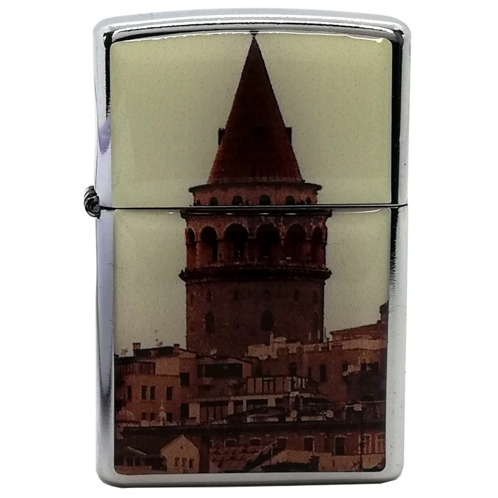 Rodium Benzinli Çakmak Galata Kulesi Baskılı Siyah