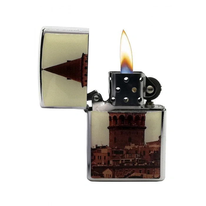 Rodium Benzinli Çakmak Galata Kulesi Baskılı Siyah