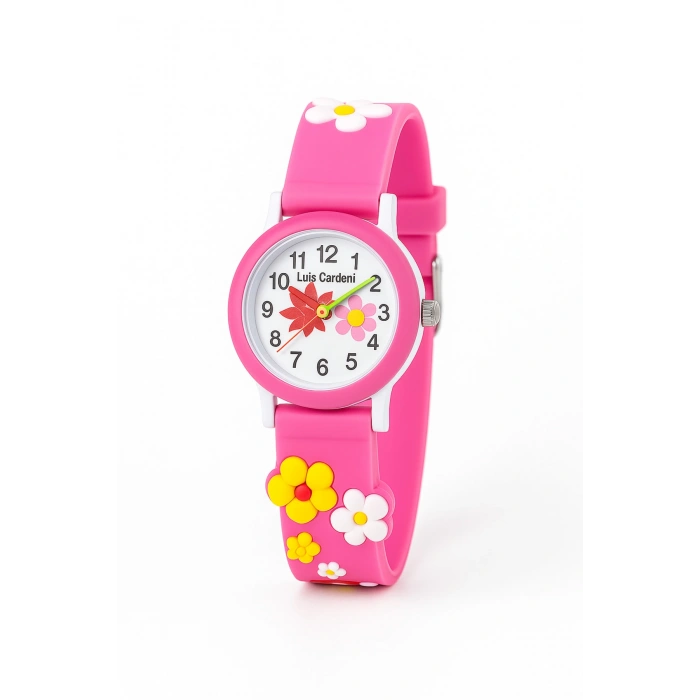 Rodium Çocuk Kol Saati Çoklu Çiçek Desenli Pembe 12023