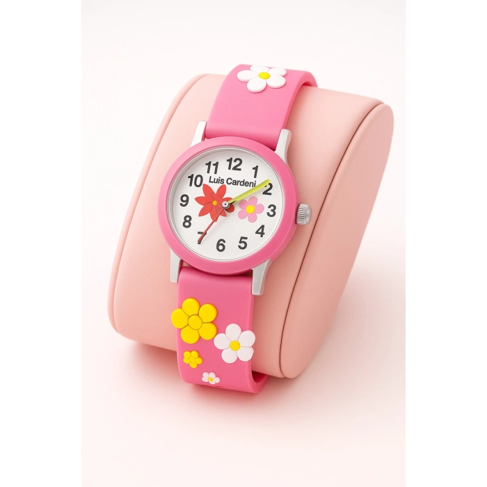 Rodium Çocuk Kol Saati Çoklu Çiçek Desenli Pembe 12023