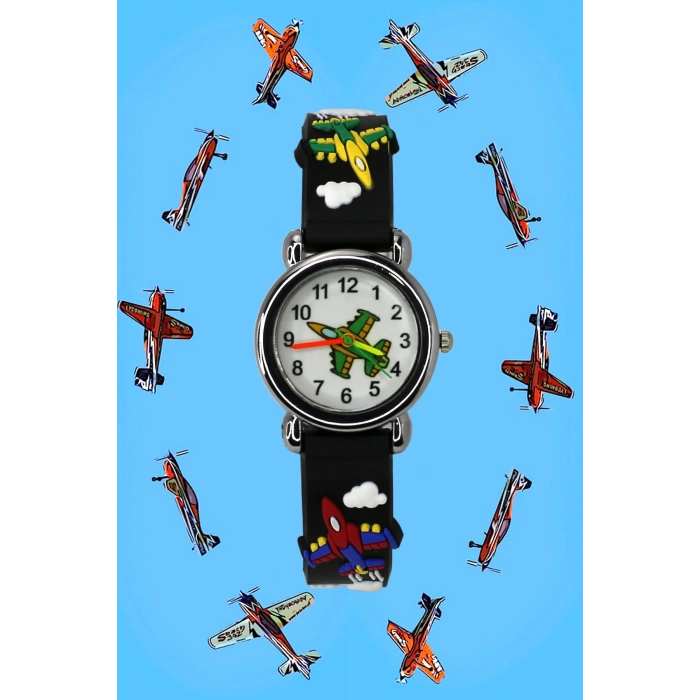 Rodium Çocuk Kol Saati Uçak Desenli12028 Mavi (Siyah)