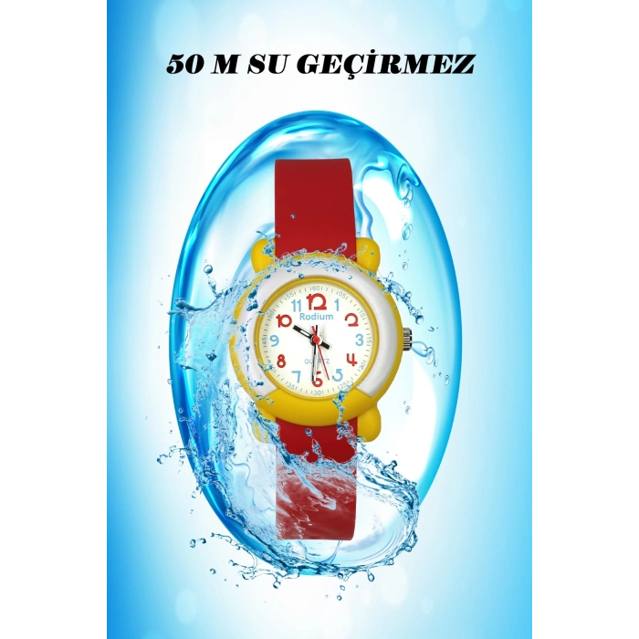 Rodium Çocuk Kol Saati Su Geçirmez Analaog Kırmızı (8846) (Sarı Kasa Kordon)