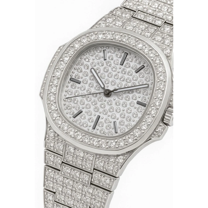 Rodium Metal Kordonlu Taşlı Renk Kadın Kol Saati Gümüş