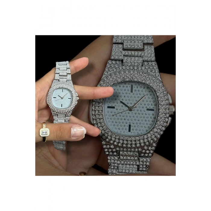 Rodium Metal Kordonlu Taşlı Renk Kadın Kol Saati Gümüş