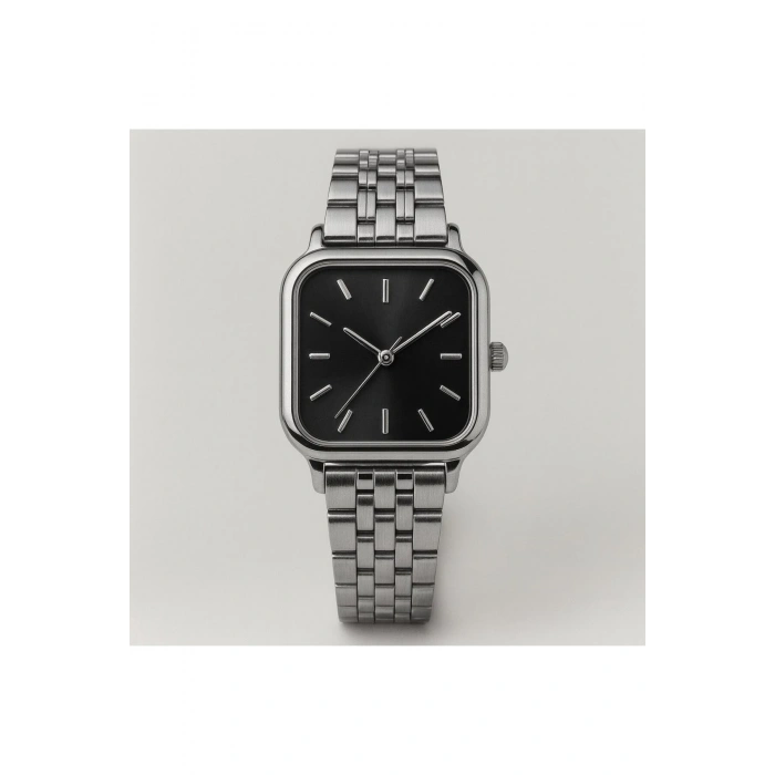 Rodium Erkek Kol Saati Metal Kişiye Özel Anahtarlıklı Gümüş - Siyah Kadran