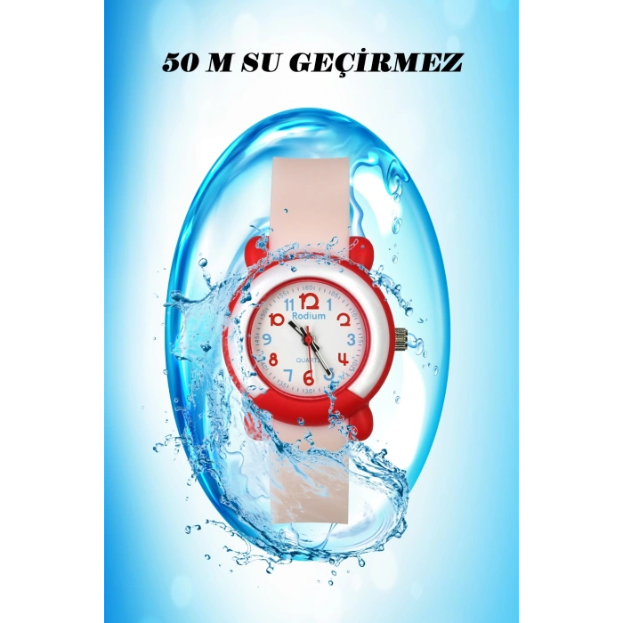 Rodium Çocuk Kol Saati Su Geçirmez Analaog Pembe (8846) (Kırmızı Kasa Kordon)